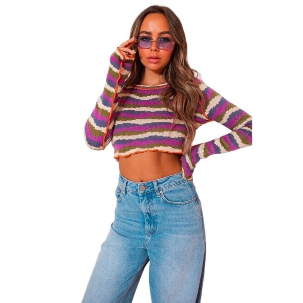 NWOT Grace Sweater Striped Knit Cropped Boho Hippie Women's Size‎ Small